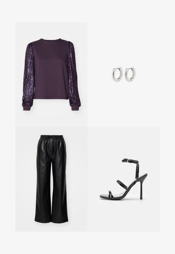 Violeta garā piedurkne top ar mīkstu auduma ķermeni un piešuvēm ar pērlītēm, ar apaļu apkakli un pieguļošiem aproces.; Melnas ādas platajā kājās bikses ar elastīgu jostu un regulējamu auklu; gluda tekstūra ar tīru, minimālistisku dizainu.; Melnas patentētas ādas augstpapēžu sandales ar trim horizontālām siksniņām un regulējamu potītes siksniņu. Eleganta silueta un spīdīgs apdare.; Sudraba apli auskari ar spīdīgu apdari, kuriem ir apaļa forma un bezšuvju eņģes, rādot gludu virsmu.