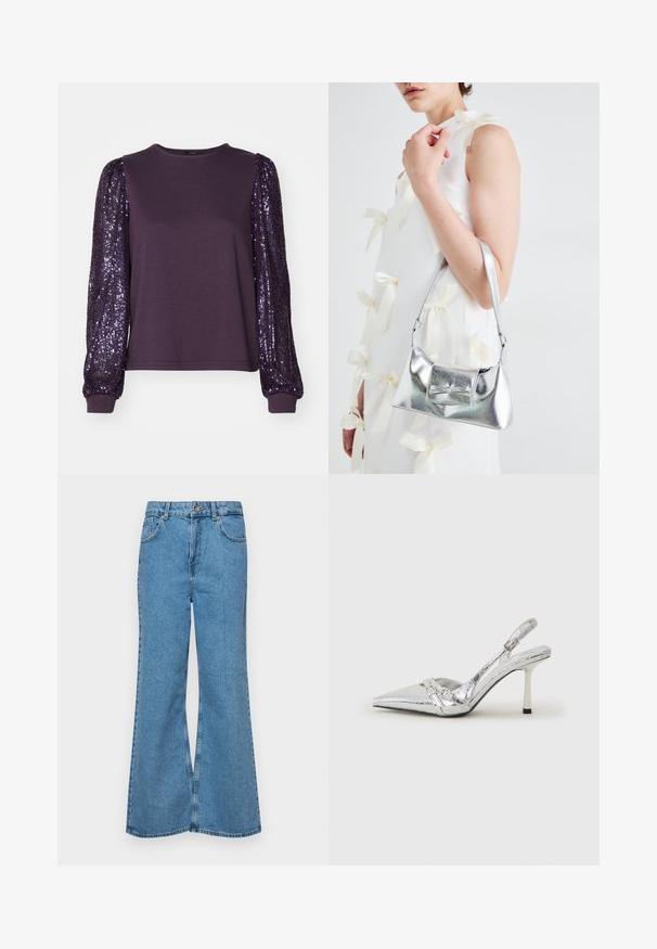 Vijolična dolga majica z dolgimi rokavi iz mehkega materiala in bleščečimi puf rukavi, z okroglim izrezom in prilegajočimi manšetami.; Svetlo modri razširjeni džins hlače iz denima, z visokim pasom, petimi žepi in enim gumbom za zapiranje. Mehka tekstura z blagim zbledelim videzom.; Srebrna slingback visoka peta čevlja s špičastim nosom, metalnim finišem, dvema dekorativnima trakama in tanko peto z črnim vrhom.; Srebrna metalna torbica z oblikovano strukturo, ki ima zgornji ročaj in detajl v obliki mašne spredaj. Gladka tekstura, z odsevnimi površinami.