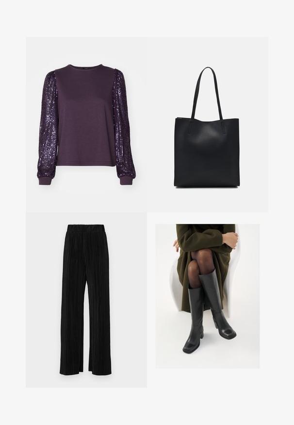 Top lung cu maneci lungi de culoare mov, realizat dintr-un material moale, cu mâneci pufoase decorate cu paiete, având un decolteu rotund și mansete ajustate.; Pantaloni negri plisati cu talie elastică. Prezintă picioare largi și un material neted, texturat, cu dungi verticale.; Cizme din piele neagră, până la genunchi, cu vârf pătrat și toc bloc, prezentate pe un model așezat într-o haină verde măsline. Textură netedă, detalii minime.; Geantă tote neagră din piele, cu textură netedă, formă rectangulară și două mânere lungi. Fără hardware vizibil sau ornamente.