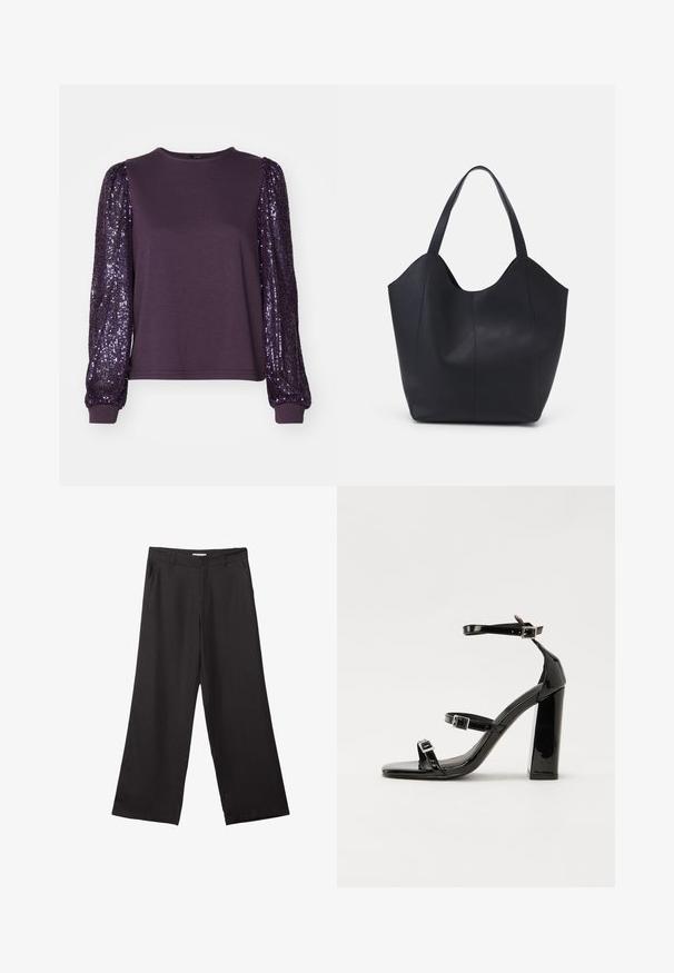 Fialový top s dlhým rukávom z jemnej látky a sequínovými balónovými rukávmi, s okrúhlym výstrihom a priliehavými manžetami.; Čierne široké nohavice vyrobené z hladkej tkaniny, so zipsom vpredu a dvoma bočnými vreckami, s prispôsobeným strihom a minimalistickým dizajnom.; Čierne lakované sandále na podpätku so štvorcovou špičkou, navlečenými remienkami okolo členku a striebornými prackami. Disponujú masívnym blokovým podpätkom pre stabilitu.; Čierna taška s dlhým uchom vyrobená z hladkej kože, s oblým otvoreným vrchom a dvoma ramennými popruhmi, minimalistického dizajnu.