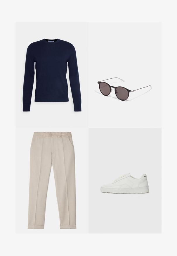 Marineblauwe ronde hals trui van zachte stof, met lange mouwen en een geribbelde zoom. Geen zichtbare patronen of versieringen.; Filippa K TERRY CROPPED TROUSERS - Broek - sage melange; Witte leren sneaker met een gladde afwerking, ronde neus, platte veters en een gestructureerde zool. Kenmerkt zich door een subtiel logo op de hiel.; Zwarte ronde zonnebril met donkere lenzen en slanke metalen armen. Inclusief heldere tempelpunten en zilveren accenten bij de scharnier. Minimalistisch ontwerp.