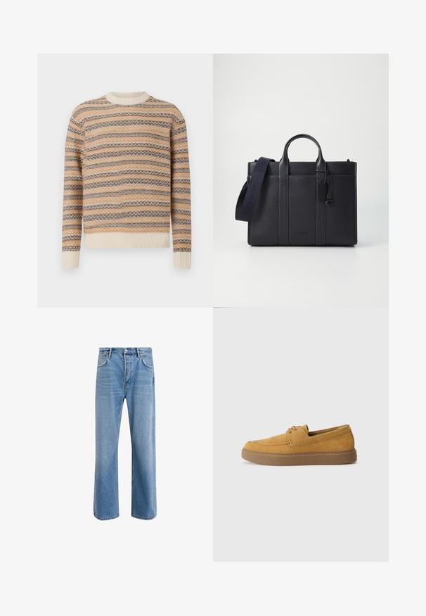 Pletený svetr v béžové, hnědé a krémové barvě s vzorovaným zebrovým pruhem. Má kulatý výstřih a žebrované manžety a lem.; Světle modré džínové kalhoty s rovnými nohavicemi, pěti kapsami, zapínáním na knoflík, minimálním vyblednutím a kontrastním prošitím.; Hnědé semišové nazouvací boty s texturovaným povrchem, kulatou špičkou a kontrastní gumovou podrážkou. Obsahují decentní branding blízko paty.; Tmavě námořnická kožená aktovka s dvojitými horními rukojeťmi a odnímatelným popruhem. Má texturovaný povrch, vertikální švy a detail s logem.