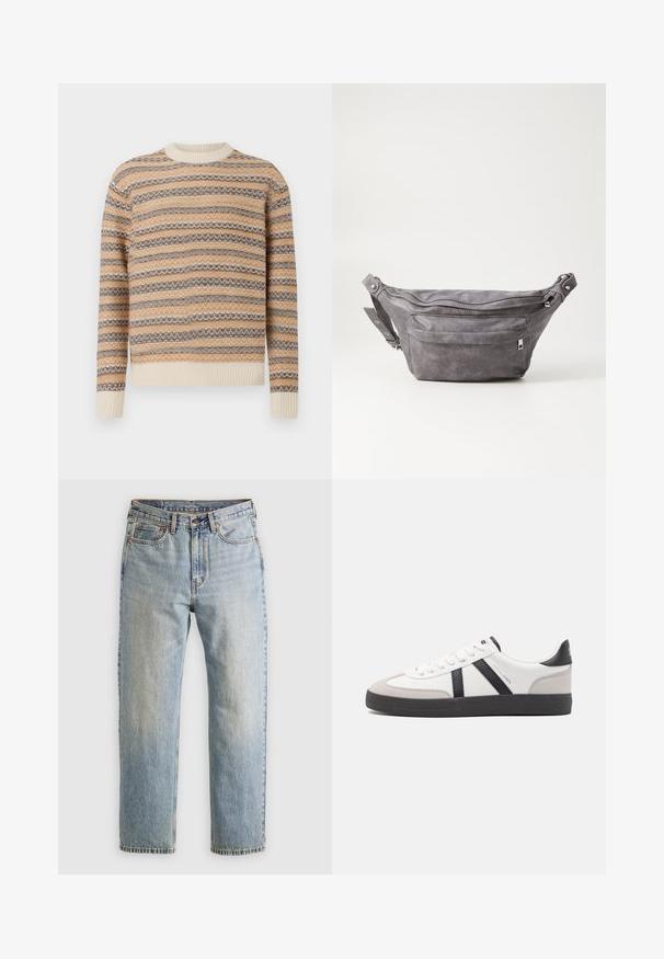 Knitted sweater in beige, brown, and cream with zigzag striped pattern. Features crew neckline and ribbed cuffs and hem.; Light blue denim jeans with high waist, front button, zipper, and five-pocket design, laid flat on a neutral background.; White sneaker with black and gray accents, featuring a textured gray toe cap, black rubber sole, and flat white laces. Clean design, minimalist style.; Gray suede fanny pack with a rounded shape, two zippered compartments, and adjustable strap. Features metal hardware accents.