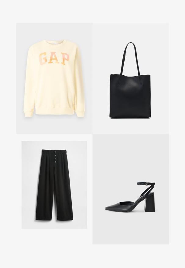 Sárga pulóver puha anyagból, nagy méretű "GAP" logóval, irizáló betűtípussal. Kerek nyakú, hosszú ujjú, bordázott mandzsettákkal.; Texturált anyagból készült széles lábú fekete nadrág. Magas derekú, öt gombos elülső záródással és a részleteket kiemelő pliszézett betétekkel rendelkezik.; Fekete bőr, hegyes orrú magassarkú cipő boka pánttal és vastag sarokkal. Sima textúra, elegáns dizájn és minimális esztétika.; Fekete bőrtáska sima felszínnel, téglalap alakú, két hosszú füllel. Nincs látható fémkiegészítő vagy díszítés.
