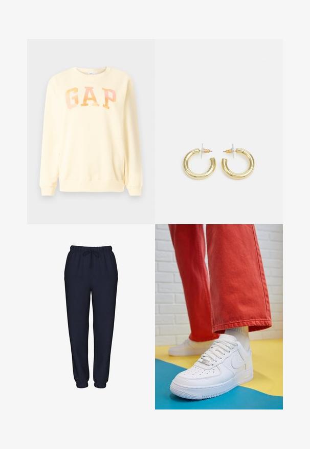 Kollane pusakas, mis on valmistatud pehmest kangast, sisaldab ülisuurte iridessentsete tähtedega "GAP" logot. Ümmargune kaelus ja pikad varrukad, soonilised varrukalõpud.; Tumesinised spordipüksid, mis on valmistatud pehmest kangast, elastse vöökoha ja nööriga, ning kitsenevad sääred.; Valge nahast tennis, millel on perforeeritud varvas, tekstureeritud tallad ja valged shoelaces, kombineeritud laia punase pükste ja sinise ning kollase taustaga.; Kuldne rõngassõrmused sileda ja läikiva viimistlusega. Ringikujuline disain, millel on väike post ja selge tagumine külg, et tagada kindel kandmine.