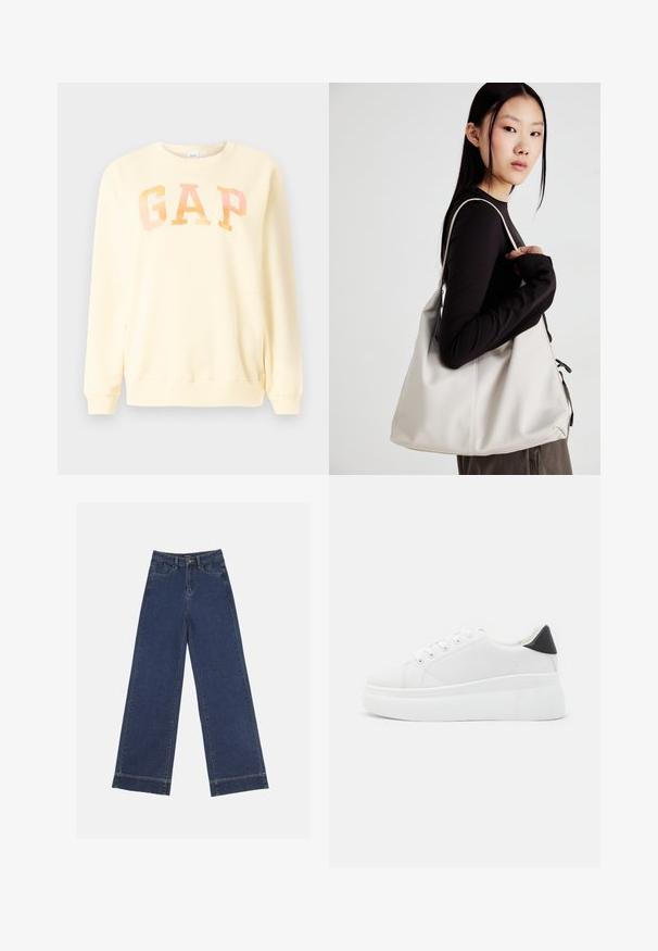 Rumena puli, narejena iz mehkega materiala, z velikim logotipom "GAP" v iridescentnem tisku. Krožen izrez in dolgi rokavi, z ribastimi manšetami.; Široke traperice v temno modrem denimu. Imajo pet žepov, zanke za pas in surov rob na dnu z vidnimi šivi.; Bele platform tenisice izdelane iz gladkega sintetičnega materiala, z zaobljenim prstom, sistemom vezalk in teksturiranim gumijastim podplatom. Črn dodatek na peti.; Bežna torbica iz mehkega materiala, z ohlapno zasnovo, šivi in dvema naramnicama. Primerna za vsakodnevno uporabo.