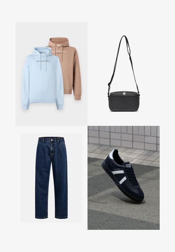 Hanorace în albastru deschis și bej, cu un buzunar kangaroo în față, glugă cu șnur și logo-ul "JACK & JONES" pe piept în culori contrastante.; Jeans din denim albastru închis cu un design drept. Prezintă cusături vizibile, închidere cu buton și pliuri frontale pentru un detaliu suplimentar.; Sneaker din piele neagră cu dungi albe, talpă din cauciuc texturat și șireturi. Prezintă un eticheta de marcă pe limbă.; Geantă din piele neagră, tip crossbody, cu închidere cu fermoar, logo embosat pe față și curea ajustabilă. Textură netedă și formă rectangulară.