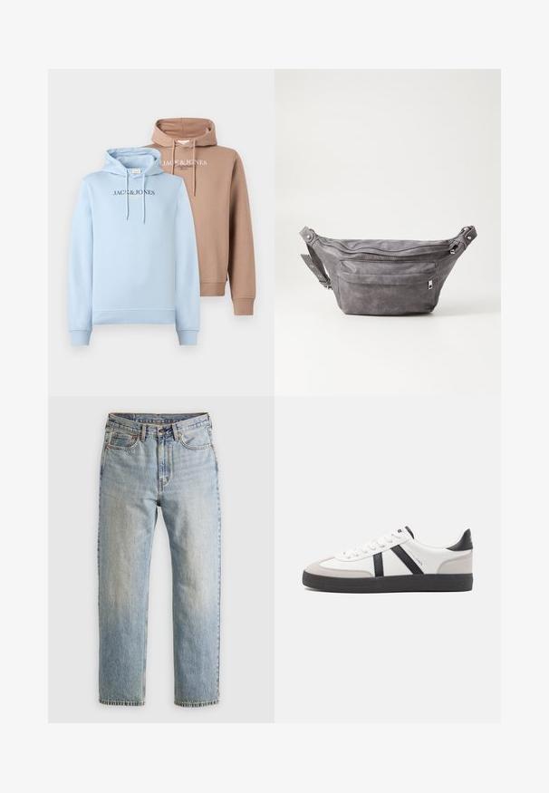 Bluzy w jasnoniebieskim i beżowym kolorze, z przednią kieszenią typu kangur, kapturem ze sznurkiem oraz logo "JACK & JONES" na piersi w kontrastujących kolorach.; Jasnoniebieskie dżinsy z wysokim stanem, z guzikiem z przodu, zamkiem błyskawicznym i pięcioma kieszeniami, ułożone na płasko na neutralnym tle.; Białe sneakersy z czarnymi i szarymi akcentami, z teksturowanym szarym czubkiem, czarną gumową podeszwą i płaskimi białymi sznurowadłami. Czysty design, minimalistyczny styl.; Szara zamszowa saszetka biodrowa o zaokrąglonym kształcie, z dwoma zasuwanymi komorami i regulowanym paskiem. Wyróżnia się metalowymi akcentami.
