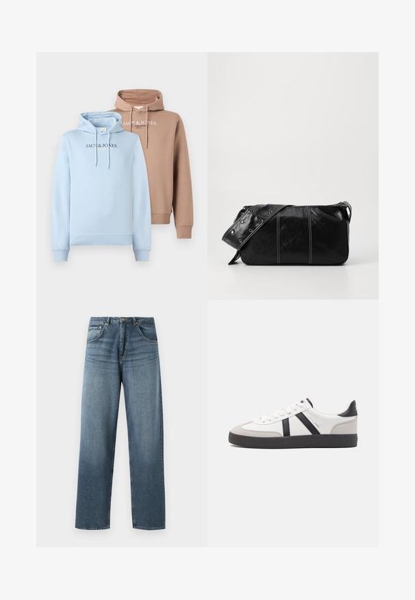 Hoodies in light blue and beige, featuring a front kangaroo pocket, drawstring hood, and "JACK & JONES" logo across the chest in contrasting colors.; Straight-leg blue denim jeans with a faded wash, featuring five-pocket design, metal button, and belt loops. Structured, medium-weight fabric.; White sneaker with black and gray accents, featuring a textured gray toe cap, black rubber sole, and flat white laces. Clean design, minimalist style.; Black leather shoulder bag with a zip closure, featuring a textured body, white stitching, and a strap with silver grommets.