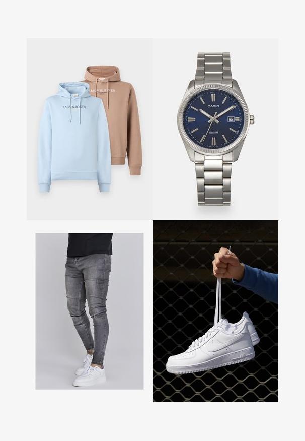Hættejakker i lyseblå og beige, med en frontlomme i kengurustil, snøre i huen og "JACK & JONES" logoet hen over brystet i kontrastfarver.; Slank jeans i falmet grå denim med slidte detaljer ved knæene, parret med hvide sneakers. Glat tekstur, slim fit design.; Hvide lædersneakers med perforeringer, rund tå, flad sål og tykke snørebånd, med et synligt swoosh-logo og "AIR" på hælen.; Sølv rustfrit stål urrem med en marineblå urskive, metallic timemarkører og et datovindue kl. 3. Vandafvisende op til 50 meter.