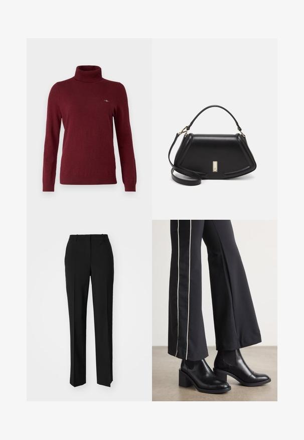 GANT - Sweter; Czarne spodnie o dopasowanym kroju z prostymi nogawkami, o gładkiej fakturze i wyraźnych zagięciach z przodu. Bez widocznych elementów metalowych.; Czarne skórzane botki za kostkę na słupku, z elastycznymi panelami po bokach. Połączone z czarnymi spodniami z białym paskiem po boku.; Czarna skórzana torebka o strukturalnym designie, z przyciętą formą, górnym uchwytem i złotymi akcentami. W zestawie regulowany pasek na ramię.