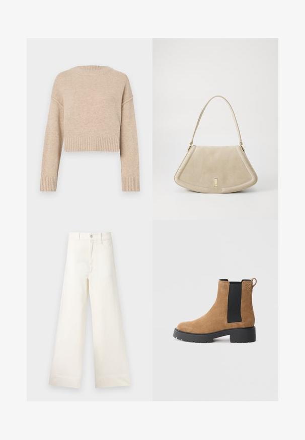 Beige cropped sweater in a soft knit texture with ribbed cuffs and hem. Features a round neckline and loose fit for comfort.; Wide-leg trousers in light beige cotton. Features a high waist, front pockets, and a straight cut. Clean hem finishing without patterns.; Brown suede ankle boot with black elastic side panel, chunky black sole, pull tab at back, and embossed "cK" logo near the ankle.; Beige suede handbag with a rounded triangular shape, a single strap, and a gold-tone hardware accent on the front.