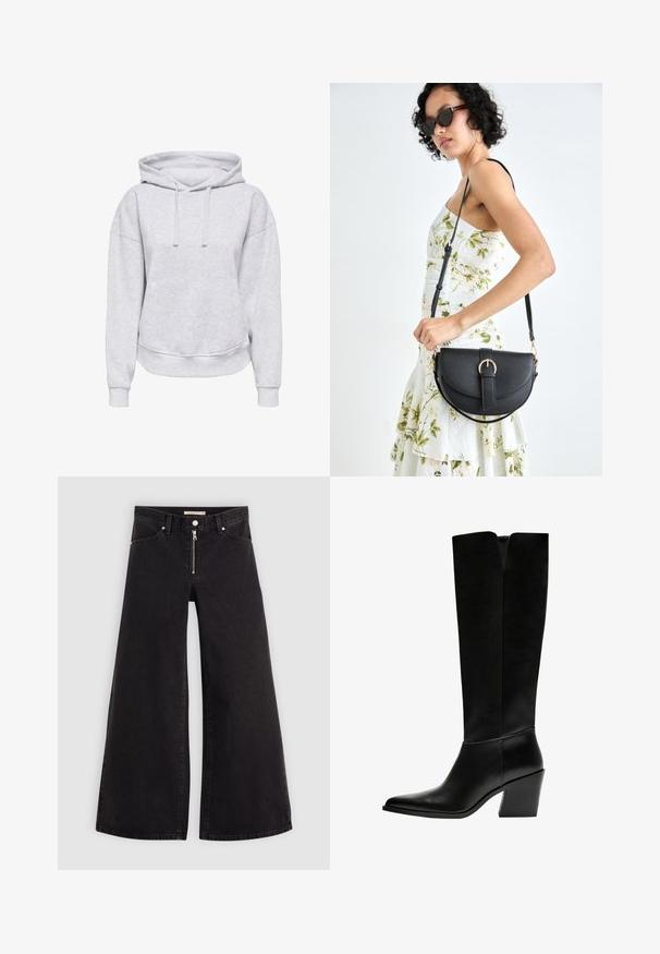 Felpa grigia con cappuccio, dalla vestibilità rilassata, con cordini, polsini a coste e tasca frontale. Realizzata in morbido tessuto testurizzato.; Jeans a gamba larga in denim nero con chiusura a zip, design a cinque tasche e dettagli di cucitura sottili. Texture morbida e stile casual.; Stivali neri al ginocchio in pelle liscia, con punta appuntita, tacco a blocco e un'apertura a forma di V nella parte superiore.; Borsa a tracolla nera in pelle con una forma curva, manico rimovibile e accessori dorati. La borsa presenta una patta con un dettaglio a fibbia.