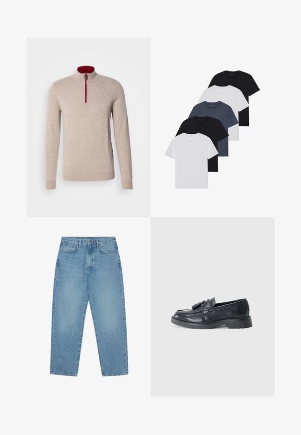 Bežinis megztinis su aukštu apykakle ir trumpu užtrauktuku. Yra raudonos akcentai aplink užtrauktuką ir glotni, minkšta tekstūra.; Penki marškiniai juodos, baltos ir mėlynos spalvos. Pagaminti iš medvilnės, trumpomis rankovėmis, su apvaliu kaklu, be raštų.; Šviesiai mėlyni džinsai su plačiomis kojomis ir aukštu liemeniu, turintys penkias kišenes, diržo kilpas ir švelnų, šiek tiek išblukusį tekstūrą.; Juodi odiniai loafersai su apvaliu nose, juostele su kutais ir storesniu padu su raštu. Lygus paviršius ir klasikinis dizainas.