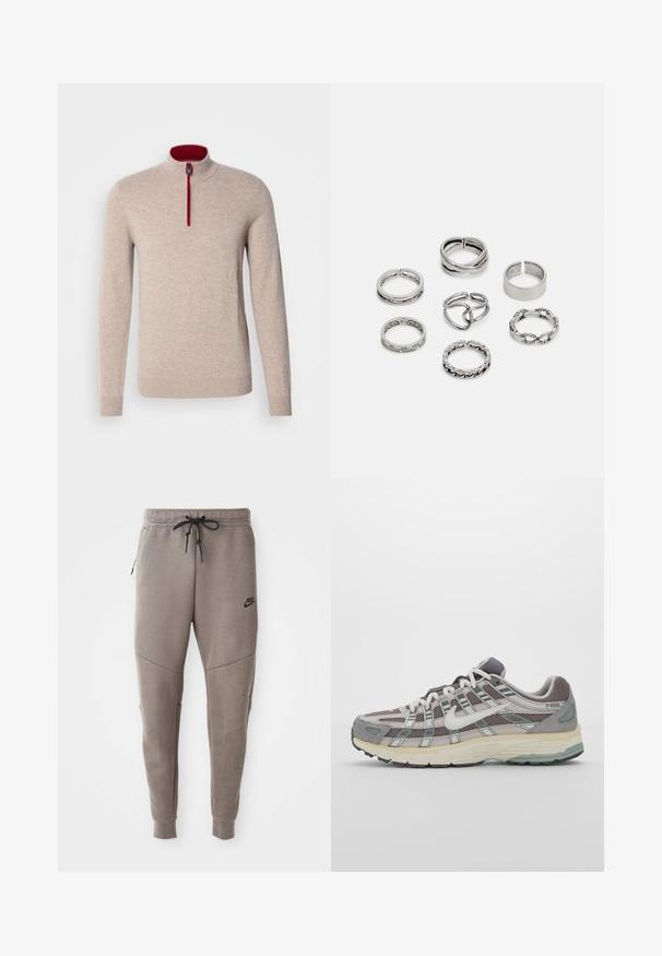 Beige Pullover mit hohem Kragen und einem kurzen Reißverschluss. Verfügt über rote Akzente entlang des Reißverschlusses und hat eine glatte, weiche Textur.; Drei weiße, gerippte Tanktops aus Baumwolle. Merkmale einen Rundhalsausschnitt und kleine schwarze Etiketten am Saum. In mehreren Größen erhältlich.; Graue Nike-Sweatpants mit einem Kordelzugbund, schmal zulaufenden Beinen, seitlichen Taschen und auffälliger Nahtgestaltung. Weicher, strukturiert Stoff.; Grauer Sportschuh mit einem Obermaterial aus Mesh und Wildleder, weißen Akzenten, einer gepolsterten Sohle und einem charakteristischen Design mit reflektierenden Elementen.; Set aus sieben silbernen Ringen mit verschiedenen Designs, einschließlich verdrehter, verbundener und gravierter Muster. Unterschiedliche Formen und Breiten.