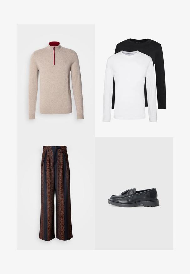 Bež pulover s visokim ovratnikom i kratkim zatvaračem. Ima crvene naglaske duž zatvarača i glatku, meku teksturu.; Dva majice dugih rukava, jedna crna i jedna bijela, izrađene od pamuka s okruglim izrezom i glatkom teksturom, prikazane u složenom aranžmanu.; Hlače širokih nogavica od tamnoplavog platna s složenim narančastim geometrijskim uzorkom, s naboranim prednjim dijelom i prizmom struka.; Crne kožne loferice s okruglim vrhom, trakicom s resicama i masivnim potplatom s uzorkom. Glatka tekstura i klasični dizajn.