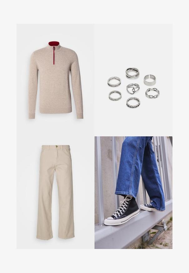 Pull marin beige avec un col haut et une courte fermeture éclair. Présente des accents rouges le long de la fermeture éclair et une texture lisse et douce.; Pantalons larges en coton beige avec cinq poches, une fermeture à bouton et des passants de ceinture ; texture lisse avec une coupe droite et un ourlet.; Baskets montantes noires avec semelle et lacets blancs, associées à un jean en denim bleu décontracté, reposant sur un garde-corps gris.; Ensemble de sept bagues en argent présentant divers designs, notamment des motifs torsadés, entrelacés et gravés. Différentes formes et largeurs.