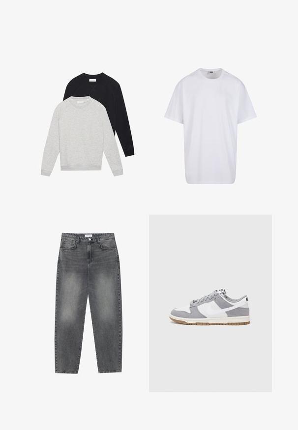 Due felpe a maniche lunghe con colletto rotondo, una grigia chiara in primo piano sopra una nera, entrambe con polsini e orlo a coste.; Maglietta bianca in cotone con maniche corte, scollatura rotonda, vestibilità comoda e senza loghi o motivi visibili. Texture liscia e design minimale.; Jeans a vita alta, dal taglio ampio in denim nero sbiadito. Presentano cinque tasche, passanti per cintura e un design dritto e pulito.; Sneaker grigia e bianca con tomaia in suede e pelle, punta arrotondata, lacci piatti e soletta in gomma con un accento color caramello.