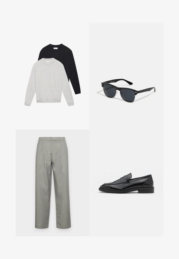 Two long-sleeve crewneck sweatshirts, one light gray layered in front of one black, both with ribbed cuffs and hem.; Gray tailored trousers made of textured fabric, featuring a straight-leg design, front pleats, and a standard waistband with belt loops.; Black leather loafers with a smooth finish, featuring a rounded toe and a narrow band across the upper. Low stacked heel.; Black sunglasses with a rectangular shape, dark lenses, silver accents at the temples, and a matte finish on the frame.