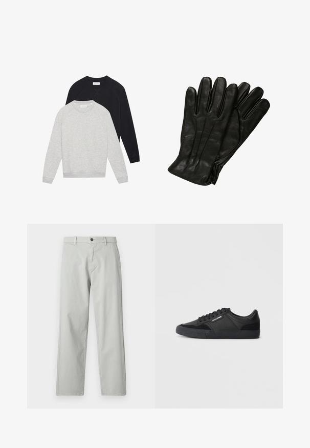 Two long-sleeve crewneck sweatshirts, one light gray layered in front of one black, both with ribbed cuffs and hem.; Light gray, straight-leg pants made of a smooth, woven fabric. Features a front button closure and side pockets. Minimalist style.; Black sneakers with a mix of leather and suede materials, featuring round laces, textured rubber sole, and a brand logo on the side.; Black leather gloves with a smooth texture, five fingers, and subtle stitching details. Classic design, suitable for cold weather use.
