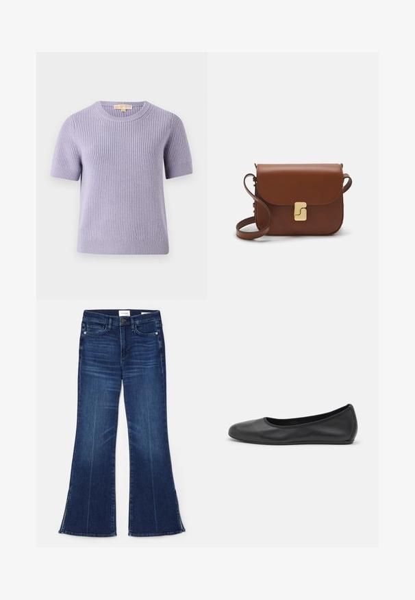 MICHAEL Michael Kors SHORT SHAKER - Stickad tröja - sweet lilac; Mörkblå utsvängda jeans i denim. Har hög midja, framfickor och slitsdetaljer vid fållen. Klassisk femficksdesign.; Svart läderballerinaskor med rund tå, slät yta, minimala söm detaljer och en flexibel sula.; Brun läderhandväska med klaffstängning, guldfärgad hårdvara, axelrem och en slät yta. Kompakt rektangulär form.
