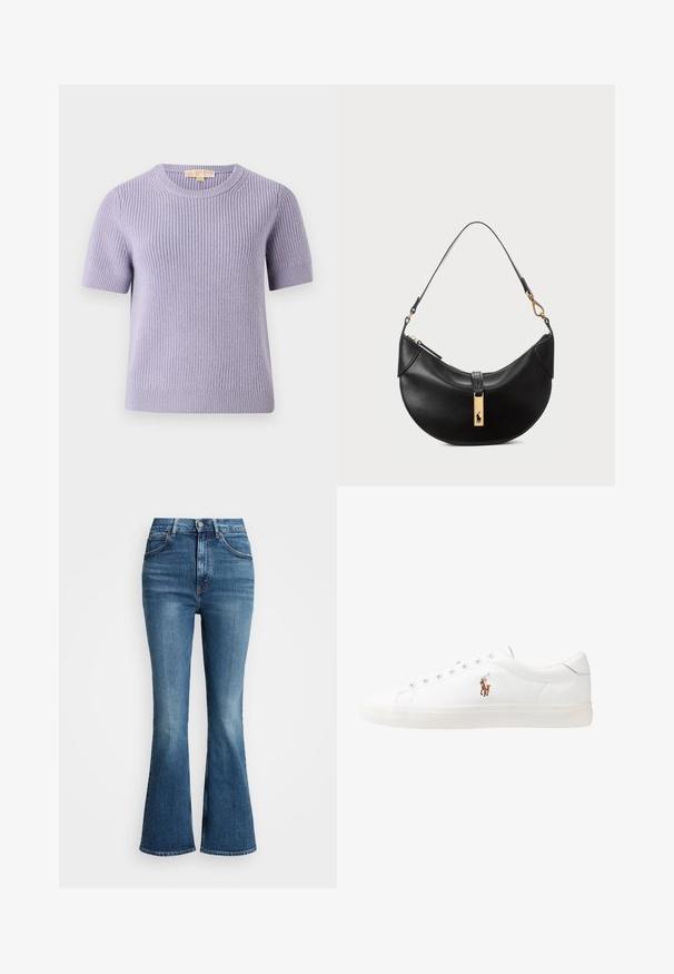 MICHAEL Michael Kors SHORT SHAKER - Džemperis - sweet lilac; Augstās jostasvietas platas bikses vidēji zilā džinsā, ar klasisku piecu kabatu dizainu un kontrastējošu šuvju. Malas ir neapstrādātas.; Baltas ādas sporta apavi, zema dizaina, ar gludu tekstūru, noapaļotu purngalu, ar auklēm priekšpusē un nelielu izšūtu logotipu sānos.; Melnas ādas rokas soma pusmēness formas. Iezīmē zelta metāla akcentus un šauru siksniņu. Gluda tekstūra, rāvējslēdzēja aizdare augšpusē.