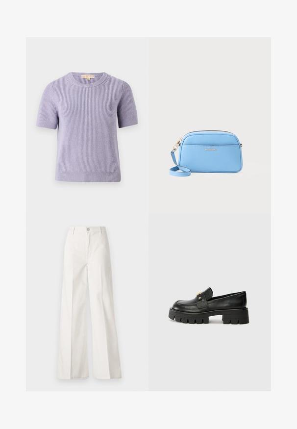 MICHAEL Michael Kors SHORT SHAKER - Strikkegenser - sweet lilac; Hvite vide bukser laget av bomull med en glatt tekstur. Har en frontknapp, glidelåsgylf og fire lommer.; Sorte skinnloafers med en kraftig såle, med en gulltoneakcent foran og en jevn finish. Kraftig mønsterdesign på sålen.; Lys blå skinn crossover-veske med gulltonet detaljer, glidelås lukking og en frontlomme. Har justerbar stropp for ekstra bekvemmelighet.