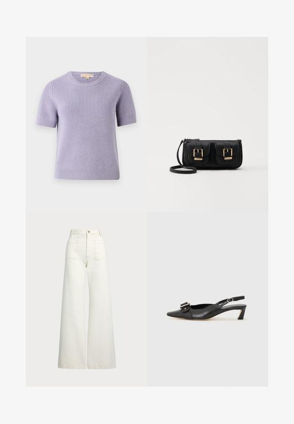 MICHAEL Michael Kors SHORT SHAKER - Strickpullover - sweet lilac; Weite Jeans aus off-white Denim. Hoch tailliertes Design mit Knopfverschluss, zwei Fronttaschen und kontrastierenden Stickdetails.; Schwarzer Leder Slingback-Schuh mit spitzer Zehenform, kleinem Absatz und dekorativem Schnallen-Detail auf dem Obermaterial. Glatte Textur, minimalistisches Design.; Schwarze Leder-Umhängetasche mit zwei vorderen Taschen, goldenen Schnallen, Reißverschluss und einem schmalen Tragegurt. Texturierte Oberfläche und kompakte rechteckige Form.