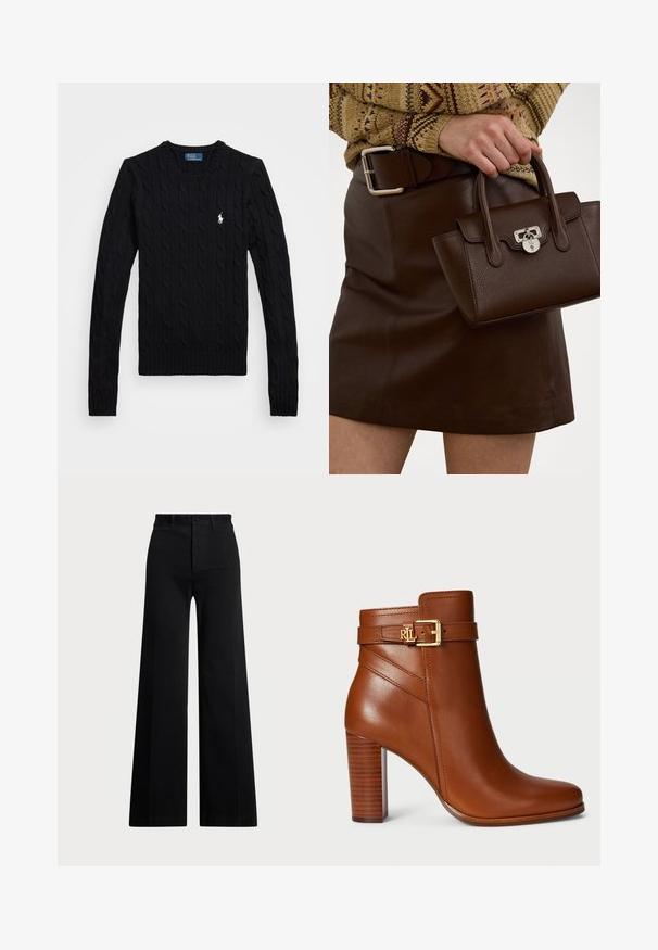 Svart kabelstrikket genser med lange ermer, med ribbestrikket hals og mansjetter. Liten logo i hvitt på venstre bryst.; Svart brede benbukser laget av vevd stoff, med høy midje, frontlukking med knapp og sidelommer. Glatt tekstur med rene linjer.; Brune skinn ankelstøvel med avrundet tå, gullspenne-detalj på stroppen, og en teksturert trehæl. Glatt overflate og elegant design.; Brun skinnveske med strukturert overflate og sølvfarget hardware, holdt med en hånd ved siden av et brun skinnskjørt og et mønstrete genser.