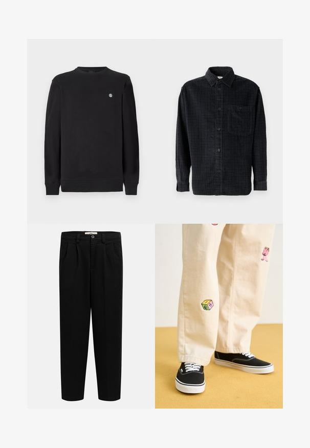 Sweatshirt preto de manga longa com decote redondo, com um pequeno logótipo branco circular no lado esquerdo do peito, punhos e bainha canelados.; Camisa de mangas longas em padrão xadrez preto, feita de tecido suave, com fecho de botões à frente, colarinho e um bolso no peito.; Calças pretas de cintura alta, de perna reta, com passantes para cinto, pregas frontais, bolsos laterais e fecho de botão na cintura.; Calças de algodão bege com desenhos bordados divertidos, incluindo uma personagem rosa e um bloco colorido, combinadas com sapatilhas pretas de atacadores.