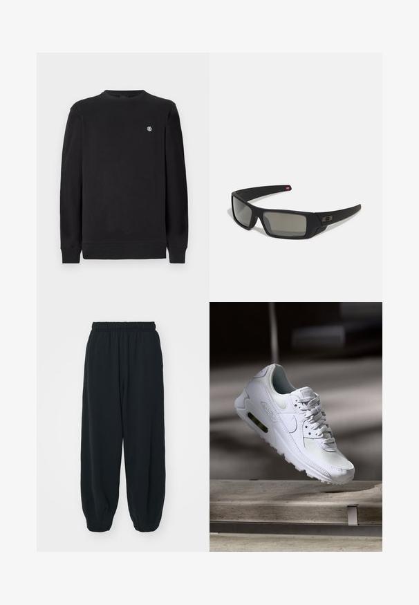 Sweatshirt preto de manga longa com decote redondo, com um pequeno logótipo branco circular no lado esquerdo do peito, punhos e bainha canelados.; Calças de fato de treino pretas, com cintura elástica e um corte solto, com punhos nas pernas, textura suave e sem padrões visíveis ou detalhes de metal.; Sapatilha Nike Air Max 90 branca com parte superior em malha e couro, caixa de dedos perfurada e uma unidade de ar visível no calcanhar.; Óculos de sol pretos com acabamento mate, lentes retangulares, leve curvatura nas hastes, detalhe sutil do logo e lentes de cor fumada.