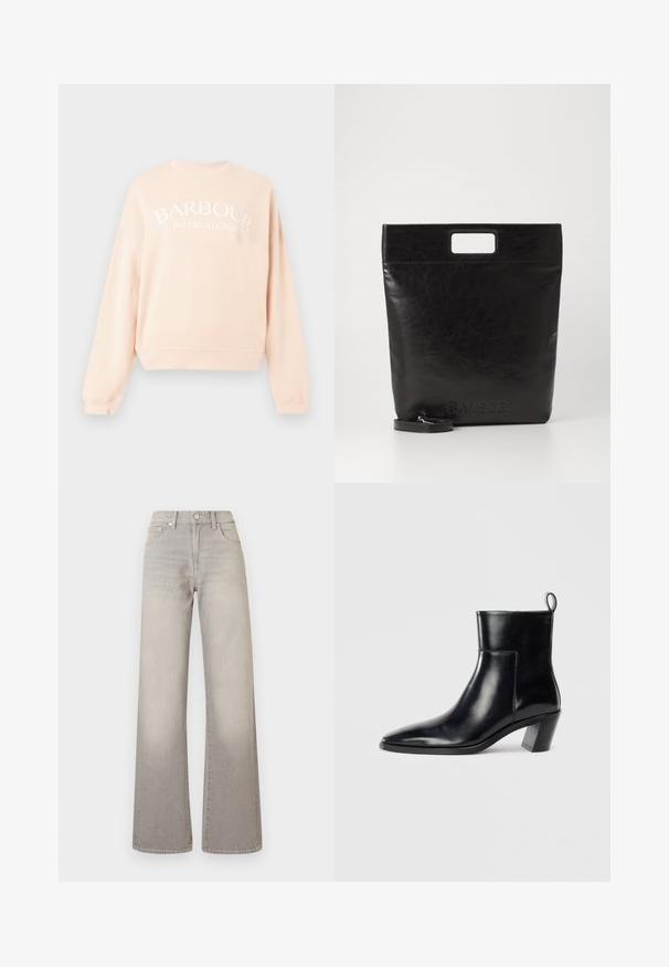 Světle růžový svetr se skládaným výstřihem a spadlými rameny. Na přední straně se nachází bílý nápis "BARBOUR INTERNATIONAL". Měkká látka.; Šedé široké džíny s vybledlým vzhledem, zapínání na knoflík, pět kapsičkový design a prošívání podél švů.; Černá kožená kotníková bota s špičatou špičkou, geometrickou tvarovanou podpatkem a poutkem na zadní straně. Hladká textura a elegantní design.; Černá kožená taška přes rameno se čtvercovou rukojetí, s texturovaným povrchem a embosovaným logem. Obsahuje odnímatelný popruh.