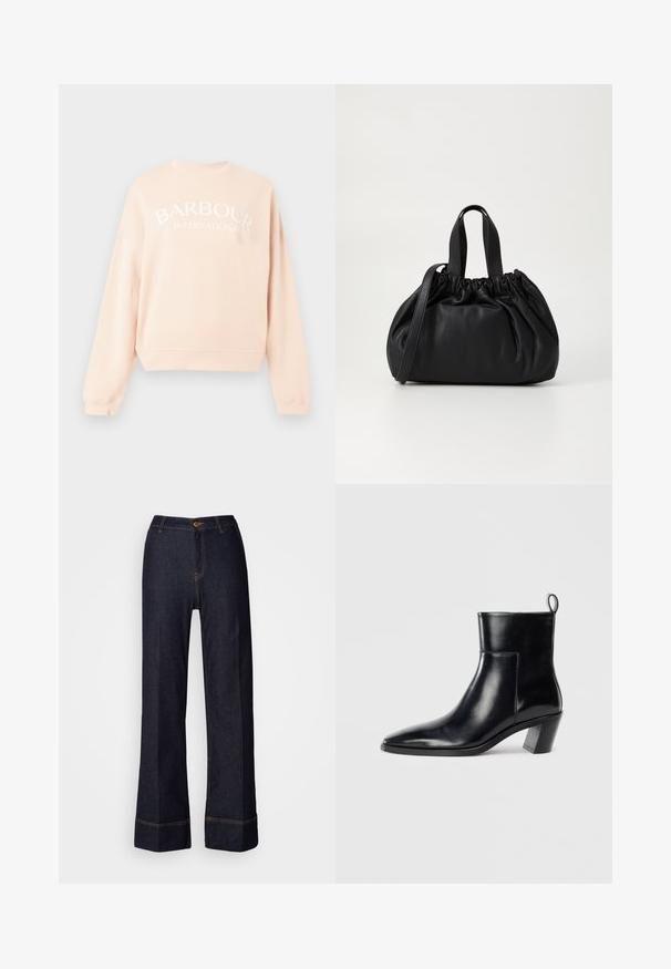 Light pink sweatshirt with a crew neck and dropped shoulders. Features white "BARBOUR INTERNATIONAL" text across the front. Soft fabric.; Dark denim wide-leg pants with a high waist, featuring a front button closure and orange stitching accents. Smooth texture throughout.; Black leather ankle boot with a pointed toe, a geometric stacked heel, and a pull tab at the back. Smooth texture and sleek design.; Black leather handbag with a gathered top design, featuring two short handles and a long adjustable strap. Smooth texture, rounded shape.