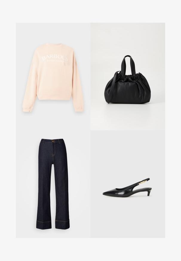 Light pink sweatshirt with a crew neck and dropped shoulders. Features white "BARBOUR INTERNATIONAL" text across the front. Soft fabric.; Dark denim wide-leg pants with a high waist, featuring a front button closure and orange stitching accents. Smooth texture throughout.; Black leather slingback heels with a pointed toe, featuring a slim heel and a gold-tone accent on the adjustable strap. Smooth texture.; Black leather handbag with a gathered top design, featuring two short handles and a long adjustable strap. Smooth texture, rounded shape.