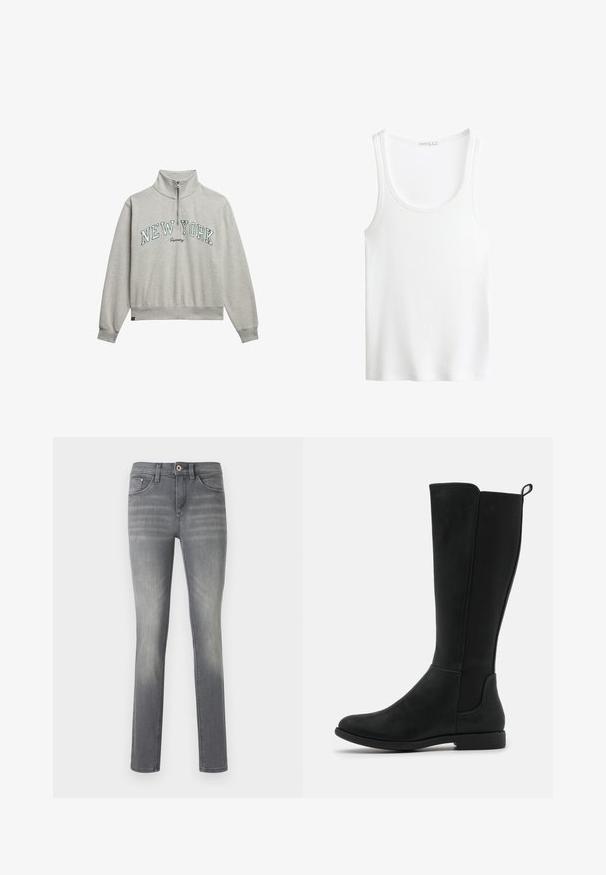 Felpa grigia con zip e colletto alto, con la scritta "NEW YORK" ricamata in verde scuro, polsini e orlo a coste, realizzata in un tessuto morbido.; Top tank bianco a costine con scollatura a barco e spalline larghe. Tessuto morbido e orli cuciti. Design semplice e aderente.; Jeans in denim grigio con una vestibilità slim, caratterizzati da un lavaggio sbiadito, cinque tasche, chiusura con bottone e dettagli di cucitura sottili.; Stivali neri in faux pelle al ginocchio con una superficie liscia, pannelli elastici laterali e una suola bassa e piatta per il comfort.