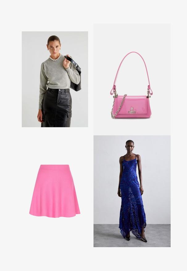 Harmaa neulepusero pyöreällä kaula-aukolla ja puffihihnoilla, yhdistettynä korkeavyötäröiseen mustaan nahkahameeseen, jossa on taskut ja vyö.; Vaaleanpunainen neulottu hame, jossa on istuva vyötärö ja levenevä muotoilu, valmistettu pehmeästä kankaasta, joka lisää sileää tekstuuria.; Sininen ja violetti eläinkuosinen maksimekko ohuiden hihnojen kanssa, istuva yläosa, levenevä helma ja läpikuultava yksityiskohtainen päällyste.; Vaalea vaaleanpunainen lakattu nahkakäsilaukku, jossa on suorakulmainen muoto, irrotettava ketjun olkaimet ja hopeiset yksityiskohdat edessä.