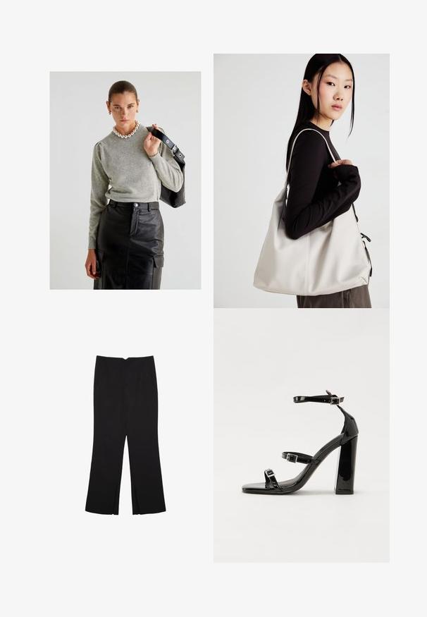Grijze gebreide trui met ronde hals en pofmouwen, gecombineerd met een hoge, zwarte leren rok met zakken en een riem.; Zwarte broek met een rechte pasvorm, voorzien van zijzakken en plooien aan de onderzijde. Gemaakt van zachte, gladde stof. Geschikt voor verschillende gelegenheden.; Zwarte gepatenteerde sandalen met hak en een vierkante neus, enkelbandjes en zilveren gespen. Heeft een stevige blokhak voor stabiliteit.; Beige handtas gemaakt van zacht materiaal, met een slonzig ontwerp, gestikte details en twee schouderbanden. Geschikt voor dagelijks gebruik.