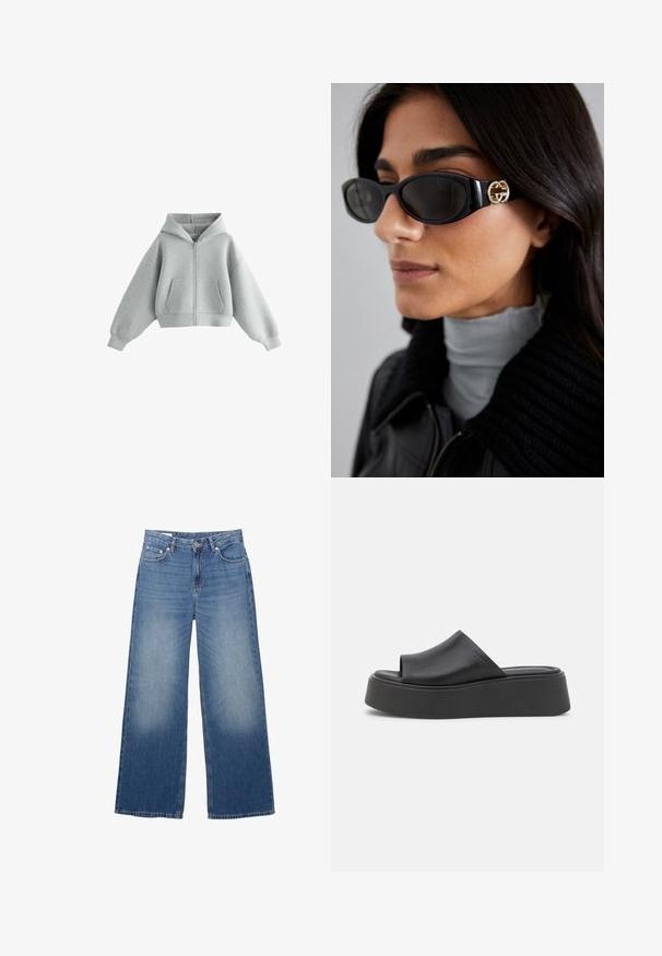Sivá skrátená mikina na zips vyrobená z mäkkej tkaniny. Má kapucňu, dva predné vrecká a široké rukávy. Hladká textúra bez vzorov.; Džíny so širokými nohavicami, svetlomodré, s vyblednutým vzhľadom, piatimi vreckami a gombíkovým zapínaním v páse. Bavlnený materiál, rovný strih.; Čierne platformové šľapky vyrobené z hladkého syntetického materiálu, s otvorenou špičkou a zaobleným predným dielom. Hrubé, penové podrážky.; Čierne slnečné okuliare s elegantným obdĺžnikovým rámom a zlatým logom na boku. Tmavé šošovky a lesklý povrch sú výrazné.; Červená kožená taška cez rameno s zakriveným dizajnom, hladkou textúrou a zipsovým uzáverom. Obsahuje tenký popruh na nosenie.