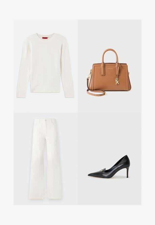 Cream-colored long-sleeve knit sweater with crew neck and ribbed cuffs and hem, laid flat on a white background.; Light blue long-sleeve fitted shirt with pointed collar and concealed front buttons, tailored waist, and buttoned cuffs.; White, high-waisted wide-leg jeans made of denim. Features a button closure, two front pockets, and side seams with stitching details.; Black leather pump with a pointed toe, low-cut vamp, and a decorative gold accent. Features a stiletto heel and smooth texture.; Brown leather handbag with double handles, detachable strap, gold-tone "MK" charm, and Michael Kors logo on front.
