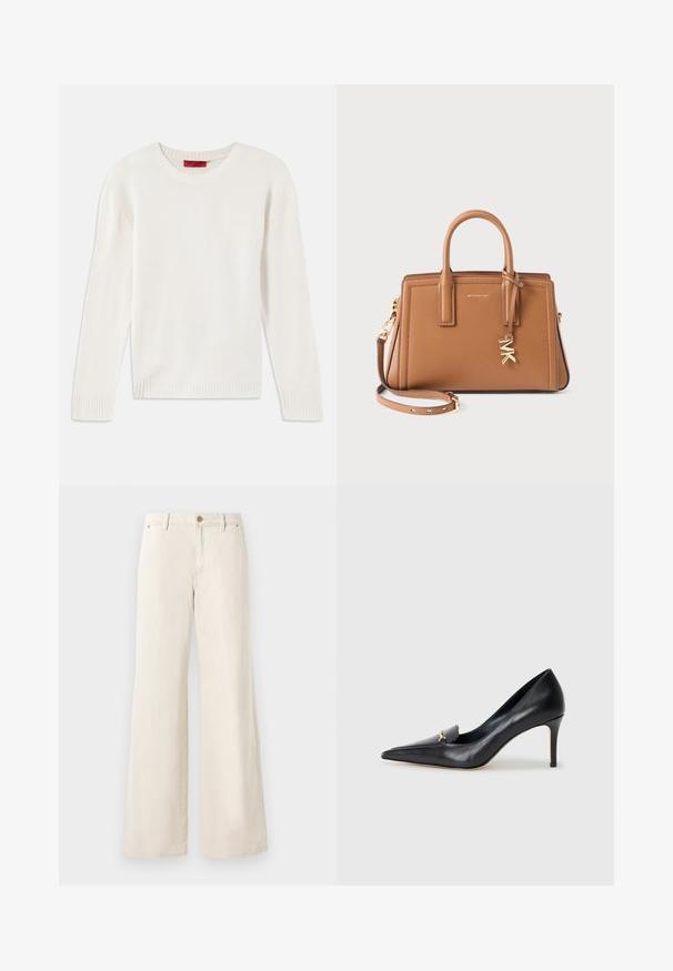 Maglione a maniche lunghe color crema in maglia con collo rotondo e polsini e orlo a costine, steso su uno sfondo bianco.; Camicia fitted a maniche lunghe di colore azzurro chiaro con colletto a punta e bottoni frontali nascosti, vita sagomata e polsini con bottoni.; Pantaloni beige a gamba larga in cotone con una texture liscia. Caratterizzati da una chiusura a bottone, tasche frontali e un design classico della vita.; Décolleté in pelle nera con punta affusolata, scollatura bassa e un accento decorativo dorato. Presenta un tacco a stiletto e una superficie liscia.; Borsa a mano in pelle marrone con doppi manici, tracolla removibile, charm "MK" color oro e logo Michael Kors sulla parte anteriore.
