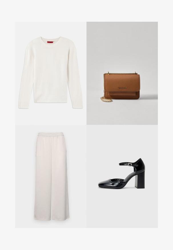 Pulover tricotat lung cu mânecă lungă de culoare crem, cu guler rotund și mansete și tiv cu dungi, așezat plat pe un fundal alb.; Pantaloni largi de culoare bej deschis, cu talie elastică. Material neted, lungime completă, fără ornamentații sau modele vizibile.; Pantofi cu toc înalt din piele lăcuită neagră, cu vârf pătrat, curea pentru gleznă și toc gros. Include detalii perforate de-a lungul marginii.; Geantă crossbody din piele texturată maro, cu curea din lanț aurit și închidere cu clapetă. Partea din față prezintă detalii cu logo și o buzunar sub clapetă.