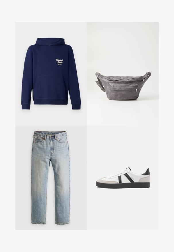 Tamsiai mėlynas džemperis su priekine kengūros kišenė, raukšlėtomis rankovėmis ir logotipu ant krūtinės. Pagamintas iš minkštos medžiagos su lygiu paviršiumi.; Šviesiai mėlynos džinsinės kelnės su aukštu liemeniu, priekyje mygtukas, užtrauktukas ir penkių kišenių dizainas, išklotos ant neutralios fono.; Balti sportbačiai su juodais ir pilkais akcentais, pasižymintys tekstūruotu pilku pirštų dangteliu, juoda gumine padais ir plokščiomis baltomis raišteliais. Švarus dizainas, minimalistinis stilius.; Pilkas suedes fanny pack'as apvalios formos, su dviem užtraukiamais skyreliais ir reguliuojama diržele. Yra metaliniai aksesuarai.