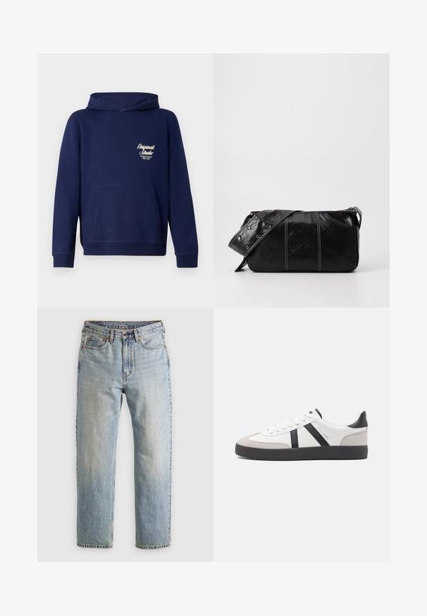 Tamnoplava dukserica s kapuljačom, s prednjim kengur džepom, rebrastim manžetama i logotipom na prsima. Izrađena od mekog materijala s glatkom teksturom.; Svijetloplave traperice visoki struk, prednji gumb, zatvarač i dizajn s pet džepova, položene ravno na neutralnoj pozadini.; Bijele tenisice s crnim i sivim detaljima, s teksturiranim sivim zaštitnikom prstiju, crnim gumene potplate i ravnim bijelim vezicama. Čist dizajn, minimalistički stil.; Crna kožna torba preko ramena s zatvaranjem na patentni zatvarač, s teksturiranim tijelom, bijelim šavovima i remenom sa srebrnim okovima.