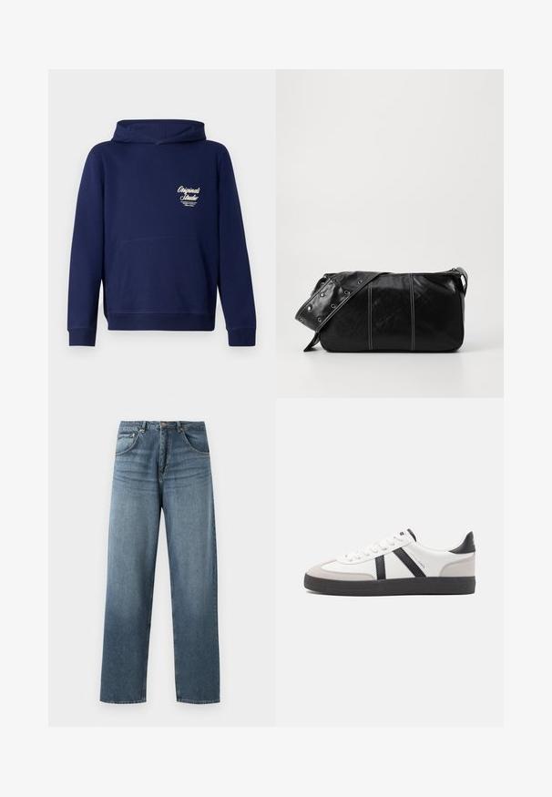 Tamsiai mėlynas džemperis su priekine kengūros kišenė, raukšlėtomis rankovėmis ir logotipu ant krūtinės. Pagamintas iš minkštos medžiagos su lygiu paviršiumi.; Tiesi blue džinsai su tiesiomis kojomis, turintys nublukusią apdailą, su penkių kišenių dizainu, metaline saga ir diržo kilpomis. Tvirto vidutinio svorio audinys.; Balti sportbačiai su juodais ir pilkais akcentais, pasižymintys tekstūruotu pilku pirštų dangteliu, juoda gumine padais ir plokščiomis baltomis raišteliais. Švarus dizainas, minimalistinis stilius.; Juodas odinis pečių krepšys su užtrauktuku, turintis tekstūruotą paviršių, baltą siuvinėjimą ir dirželį su sidabinėmis metalinėmis detalėmis.