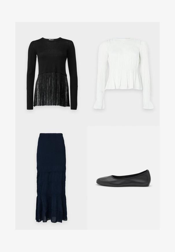 Svart långärmad topp med ett stickat kropp och en fransande nederdel. Texturen är slät upptill och fransig i fållen.; Vit blus med långa ärmar, veckad tygdetalj, resår i midjan och fladdrande manschetter mot en enfärgad bakgrund.; Mörkblå midikjol med smock och en flerskiktad, volangkant med texturerat tyg. Elastisk midja för justerbar passform.; Svart läderballerinaskor med rund tå, slät yta, minimala söm detaljer och en flexibel sula.