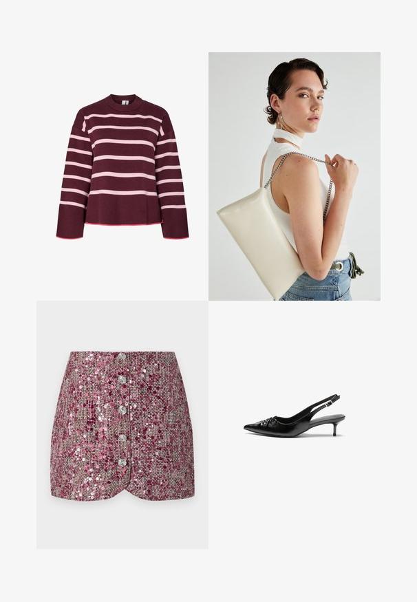 Bordowy sweter w poziome różowe paski. Okrągły dekolt, ściągacze przy mankietach i u dołu. Charakteryzuje się krojem cropped z różowymi akcentami.; Turkusowa, przezroczysta bluzka z teksturowanymi, postrzępionymi okrągłymi wzorami, z wysokim dekoltem i długimi rękawami z prostym wykończeniem. Zamek na plecach w kształcie łezki.; Różowa spódnica z cekinów o teksturowanym splocie, charakteryzująca się dopasowanym krojem i pięcioma srebrnymi guzikami z przodu. Uformowany dół i błyszczące akcenty.; Czarne skórzane szpilki na ramiączku z ostrym noskiem, małym słupkiem i ozdobnym węzłem z przodu. Gładka faktura na całej powierzchni.; Biała prostokątna kopertówka wykonana z błyszczącego materiału, z srebrnym łańcuszkiem. Modelka pozuje, prezentując torebkę na jednolitym tle.