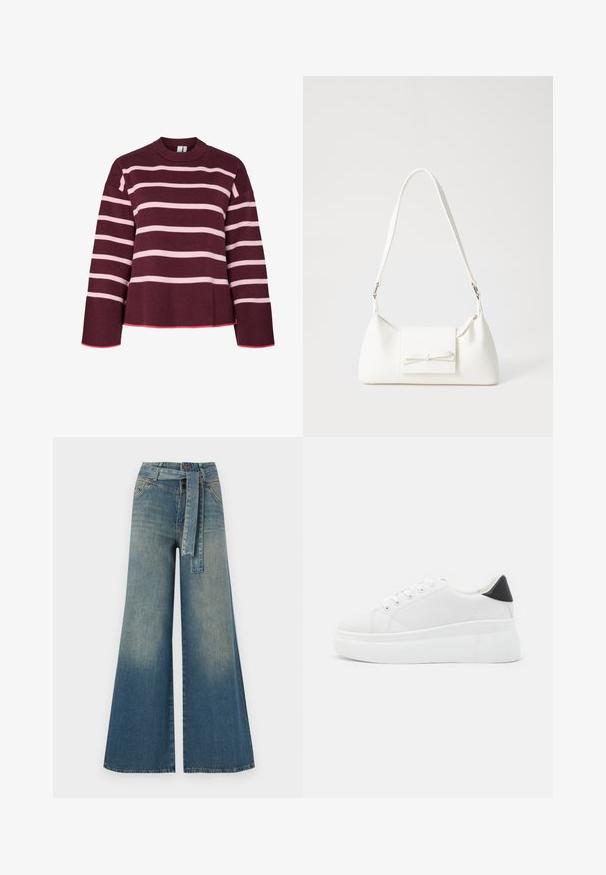 Maroon sweater with horizontal pink stripes. Round neckline, ribbed cuffs, and hem. Features a cropped design with pink accent trimming.; Wide-leg denim trousers featuring a light to dark blue gradient, high waist, belt loops, and a matching fabric belt. Textured denim finish.; White platform sneakers made of smooth synthetic material, featuring a rounded toe, lace-up design, and a textured rubber sole. Black heel accent.; White synthetic handbag with a triangular shape, flat front flap and bow detail, adjustable strap, smooth texture, and minimalistic design.