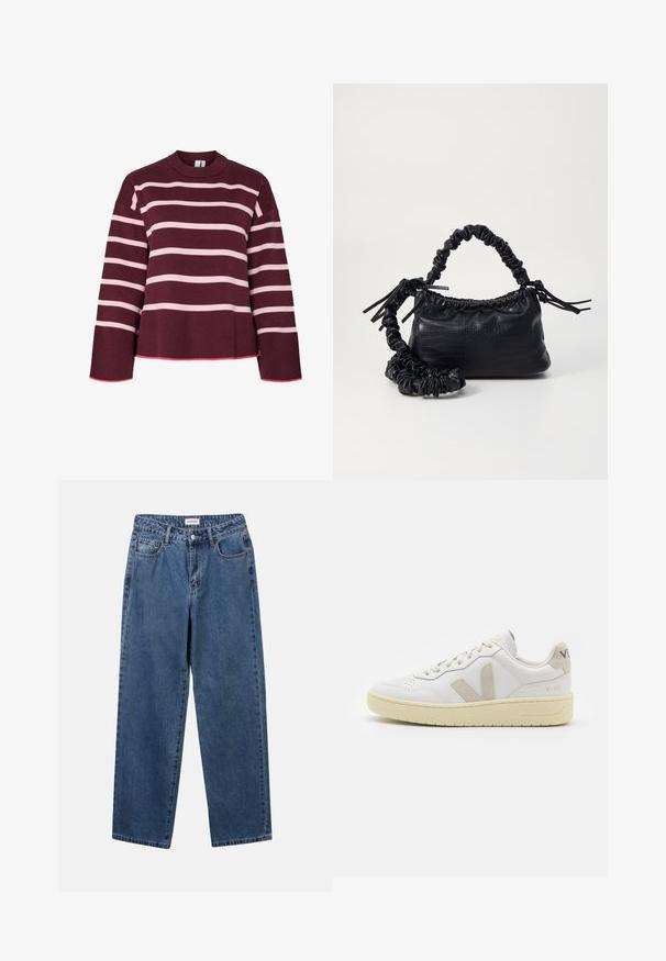 Bordo džemperis ar horizontālām rozā svītrām. Apaļš kakla izgriezums, ribota aproce un apakšmalas. Piedāvāts īsā dizainā ar rozā akcentu apdari.; Klasiskie zili džinsi ar taisnu kāju dizainu, pieciem kabatām un pogu aizdari. Iezīmējas ar vidēju mazgāšanu un izturīgu tekstūru.; Baltas ādas sporta apavu pāris ar bēšiem zamša akcentiem, caurumiņu purngalā, plakanu šņorēšanu un teksturētu krēmkrāsas zoli. Iezīmējas ar diskrētu zīmolu uz papēža.; Melnā mākslīgās ādas rokassoma ar krokodila rakstu, savilkta augšdaļa un saburzīta siksna. Izskatās mīksta un kompakta pēc dizaina.