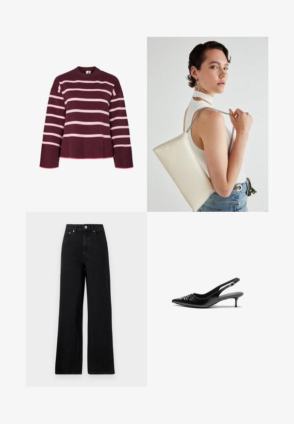 Pulover vin roșu cu dungi orizontale roz. Guler rotund, manșete și margine ribilate. Are un design scurt cu detalii de accent roz.; Jeans negre din denim cu talie înaltă, cu un design cu picioare largi, având cinci buzunare și accente din metal argintiu. Textură netedă în general.; Cizme slingback din piele neagră, cu vârf ascuțit, toc mic de tip kitten heel și un detaliu decorativ sub formă de nod în față. Textură netedă pe întreaga suprafață.; Geantă de clutch rectangulară albă, realizată dintr-un material lucios, având o curea de lanț argintie. Modelul pozează, evidențiind geanta pe un fundal simplu.