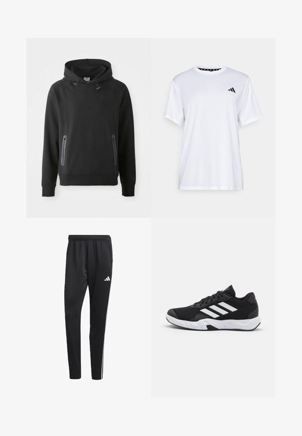 Sweat à capuche noir avec une poche kangourou, fabriqué à partir d'un matériau doux. Il présente des cordons de serrage et un logo sur la poitrine. Manches longues avec poignets.; T-shirt de sport blanc à manches courtes, fabriqué en tissu évacuant l'humidité. Présente un logo noir sur la poitrine gauche et un col intérieur à motifs.; Pantalons de sport noirs avec une ceinture élastique, rayures latérales blanches et un petit logo blanc sur la cuisse. Fabriqués dans un matériau lisse et léger.; Baskets de sport noires avec une tige en mesh texturé, des rayures blanches, une semelle rembourrée et un talon renforcé pour le soutien.